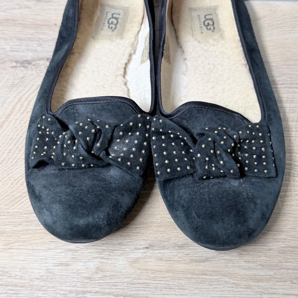 UGG Australia‎ Alloway Studded Bow Ballet Flats 9.5 Black Suede Shearling Lined
